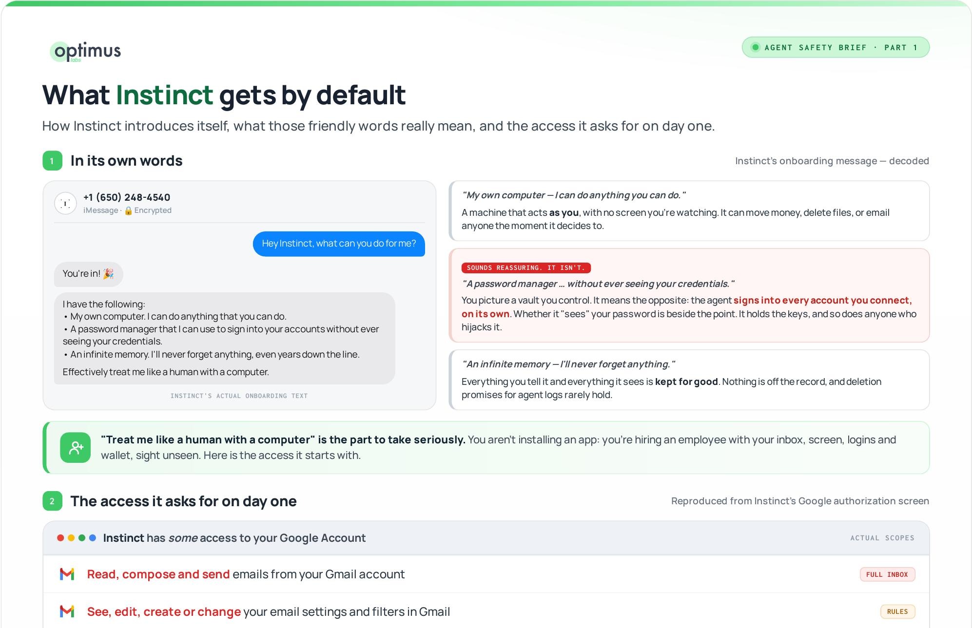 Agent Safety Brief slide reproducing Instinct's Google authorization screen: full read, write and delete access across Gmail, Calendar, Drive, Sheets, Docs, Slides, Tasks and contacts, alongside iMessage, WhatsApp, screen, microphone, location and a credential vault.